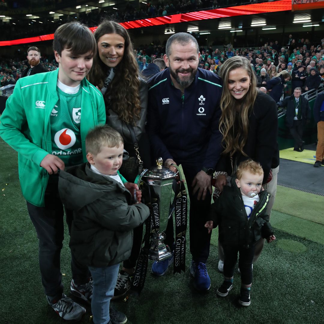 Andy Farrell, the Ireland head coach, celebrates with his family after their Grand Slam victory.