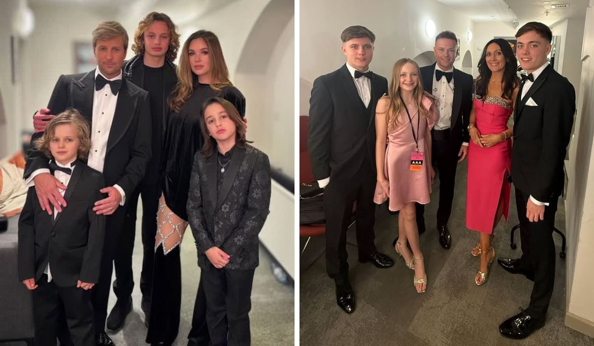 Nicky Byrne and Kian Egan posing with their families