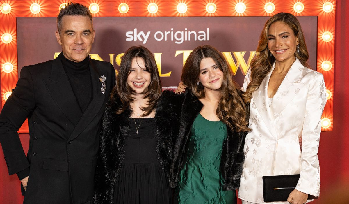 Robbie Williams, Teddy Williams and Ayda Field Williams attend the "Tinsel Town" World Premiere at Vue Leicester Square on November 27, 2025 in London, England