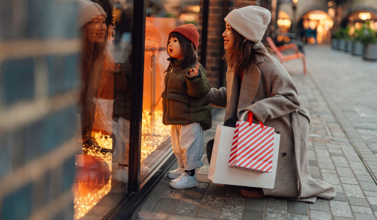Mother and toddler looking in shop window