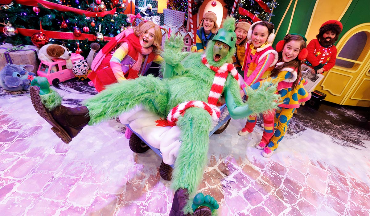 Patrick Kielty dressed as the Grinch pictured during the opening of The Late Late Toy Show 2025. Pic: Andres Poveda