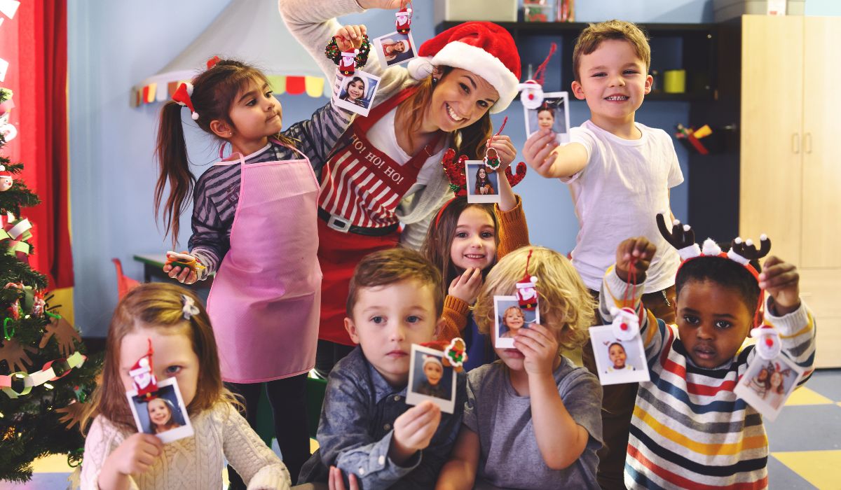 Teacher with kids at Christmas