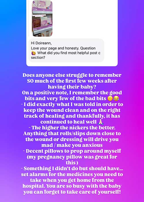 Doireann Garrihy shares top tips for C-Section aftercare. Pic: Doireann Garrihy Instagram