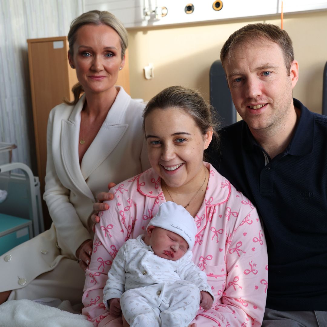 Professor Jennifer Walsh, inaugurated today as the new Master of The National Maternity Hospital, meets new arrival baby Millie, born at 40 seconds after midnight on January 1st, to Sally and John Kelleher. PIC. Andrew Watchorn