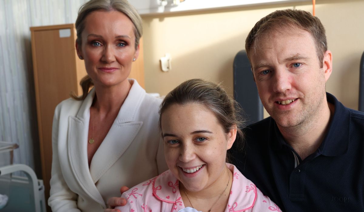 Professor Jennifer Walsh, inaugurated today as the new Master of The National Maternity Hospital, meets new arrival baby Millie, born at 40 seconds after midnight on January 1st, to Sally and John Kelleher. PIC. Andrew Watchorn