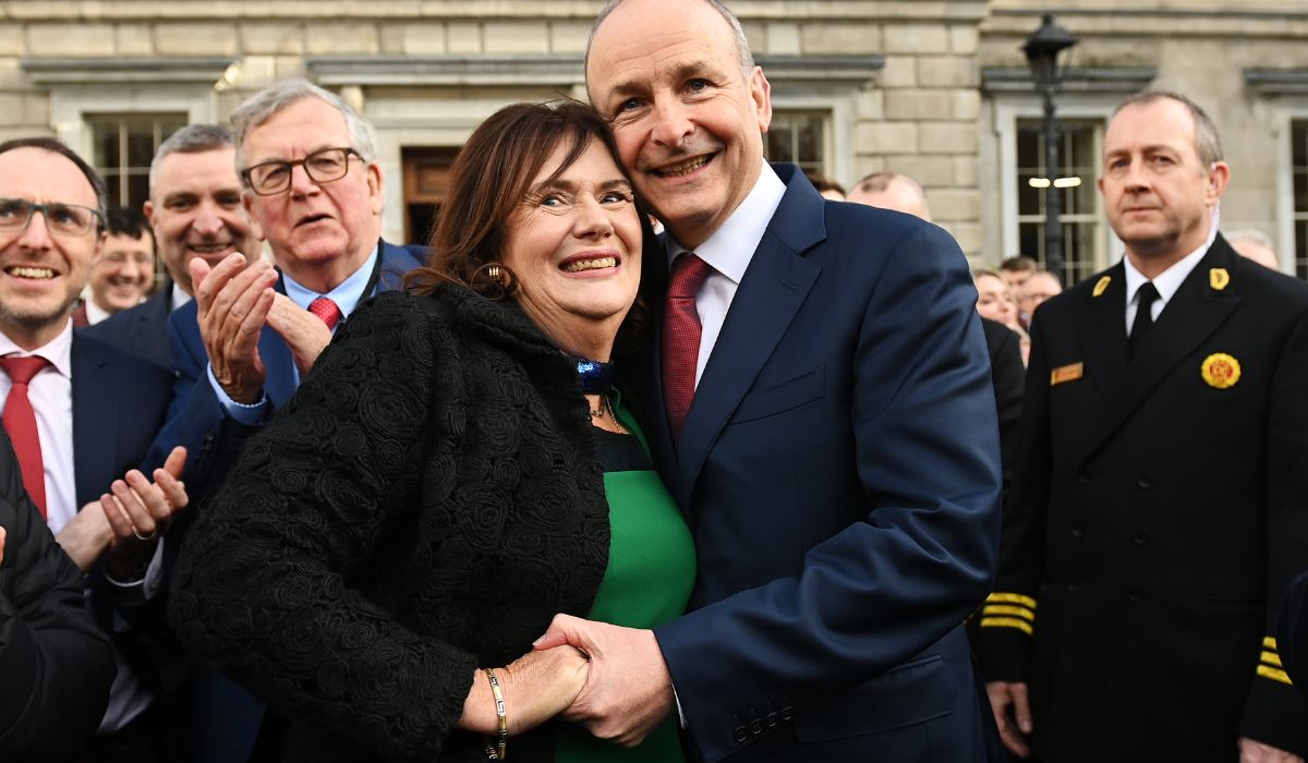 Micheál Martin and his wife Mary O’Shea seen outside the Irish parliament at Leinster House on January 23, 2025 in Dublin, Ireland.