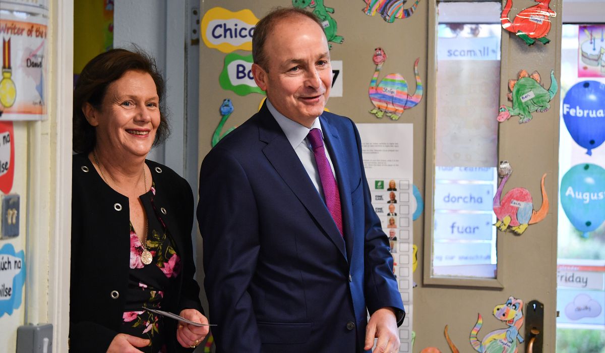 : Micheál Martin of Fianna Fail and his family cast their votes at St Anthony’s boys school in Ireland’s national election on February 8, 2020 in Cork, Ireland.