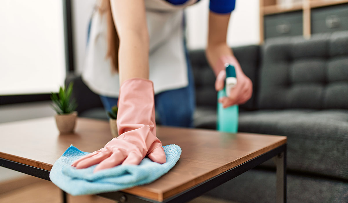 Woman cleaning table using rag and diffuser at home.; Shutterstock ID 2124351911; purchase_order: -; job: -; client: -; other: