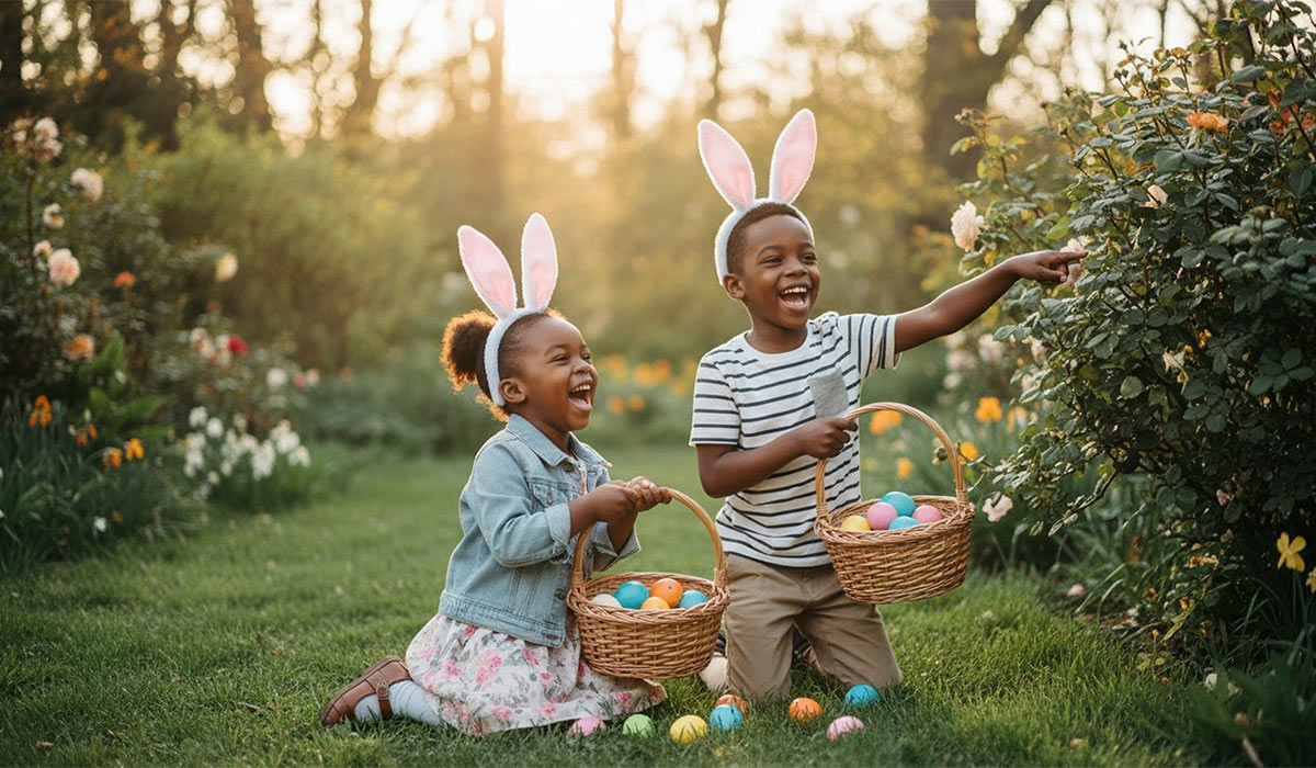 Lifestyle photo of two black children wearing bunny-ear headbands during an Easter egg hunt in a sunny garden, baskets full of colorful eggs, candid laughter, golden hour backlight, natural colors, documentary photography look; Shutterstock ID 2725941931; purchase_order: -; job: -; client: -; other: -; is_generated: true