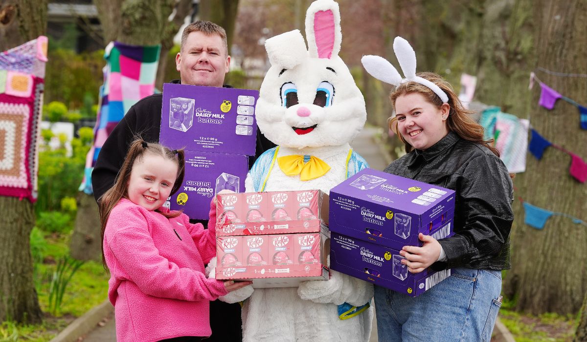 Thomas Metcalfe with his daughters Lauren, 18, and nine-year-old Ellamay arriving to deliver easter eggs to Our Lady's Hospice & Care Services, Harold's Cross, Dublin