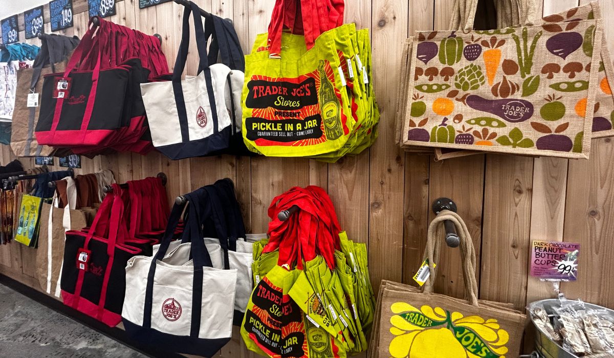Variety of burlap and fabric reusable tote bags at Trader Joes