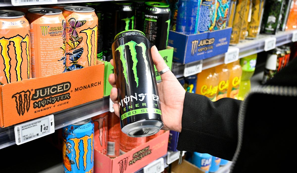 A Monster energy drink on the shelves of a supermarket in Bourgueil.