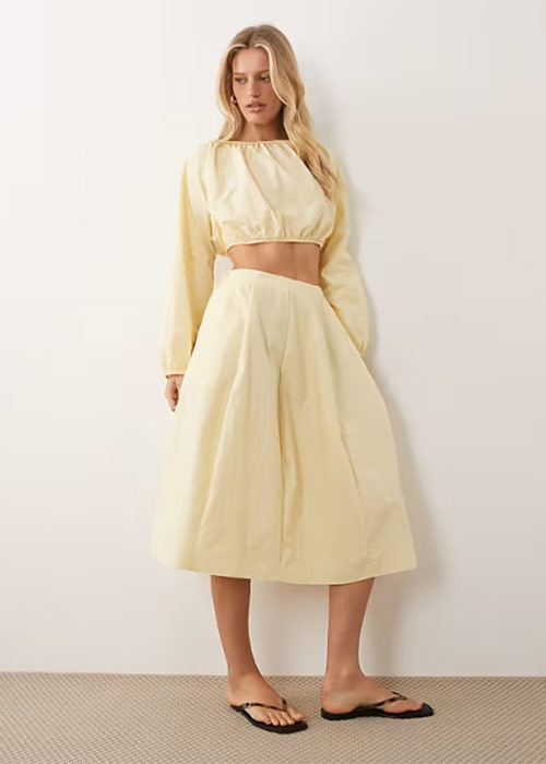 ASOS DESIGN techy volume circle skirt co ord in buttermilk, €49.99. Pic: ASOS