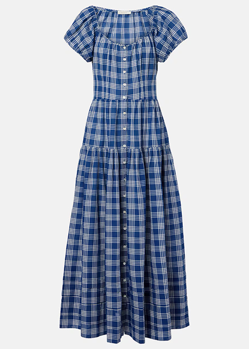 Valenne checked cotton midi dress in blue. Pic: Mytheresa.com