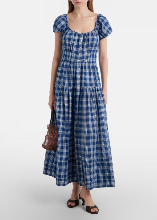 Valenne checked cotton midi dress in blue. Pic: Mytheresa.com