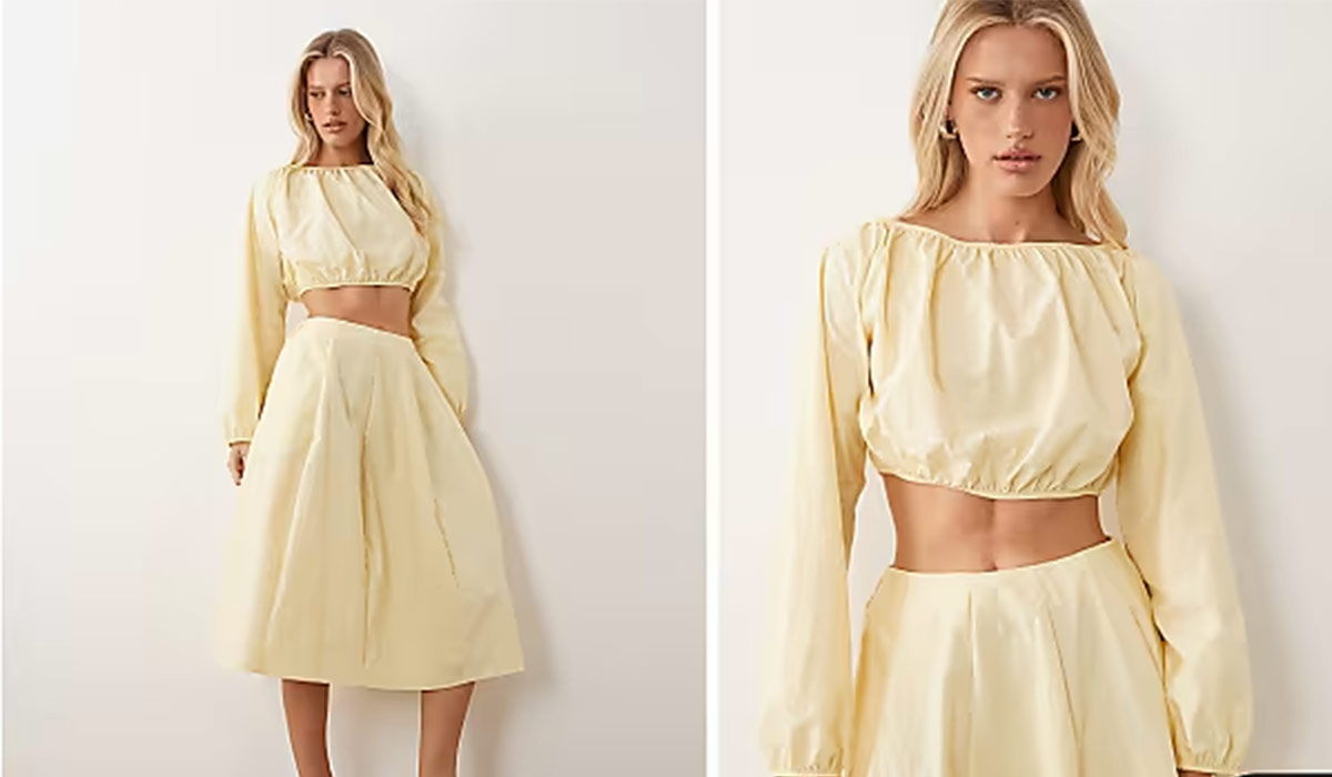 ASOS DESIGN techy volume circle skirt co ord in buttermilk, €49.99. Pic: ASOS