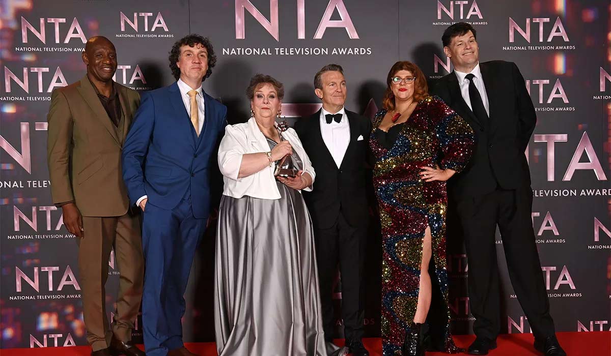 Shaun Wallace, Darragh Ennis, Anne Hegerty, Bradley Walsh, Jenny Ryan and Mark Labbett with the Quiz Game Show award for 'Beat the Chasers' in the winners' room at the National Television Awards 2022 at OVO Arena Wembley. Pic: Getty Images