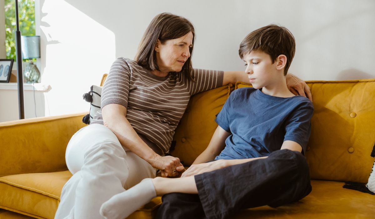 Mother talking to son