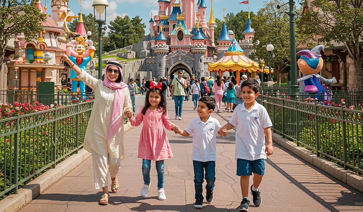 an arab family enjoying a day out at a theme park that looks like Disneyland paris but doesn't include the castle; Shutterstock ID 2750354629; purchase_order: -; job: -; client: -; other: -; is_generated: true