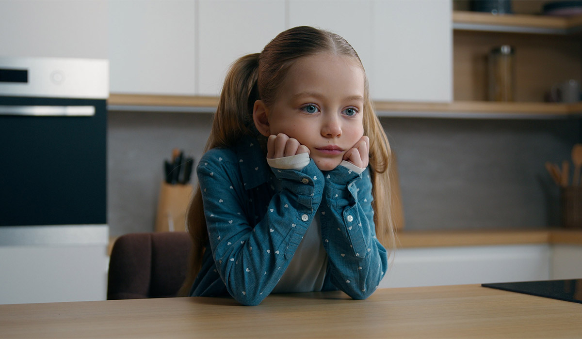Frustrated grief worried little offended Caucasian sad upset bored child girl orphan unhappy bad relationship lonely kid at home kitchen alone stressed daughter sadness family quarrel thinking boring; Shutterstock ID 2755891781; purchase_order: -; job: -; client: -; other: