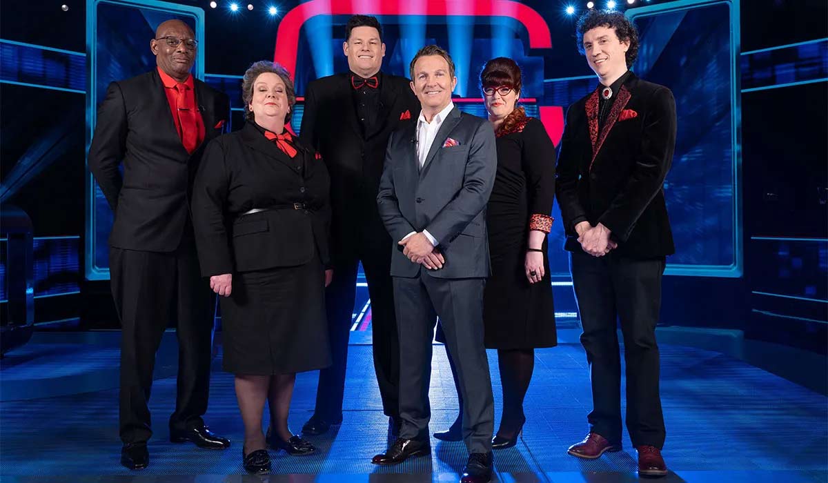 Shaun Wallace, Anne Hegerty, Mark Labbett, Bradley Walsh, Jenny Ryan and Darragh Ennis., 'Beat The Chasers' TV Showl. Pic: Shutterstock