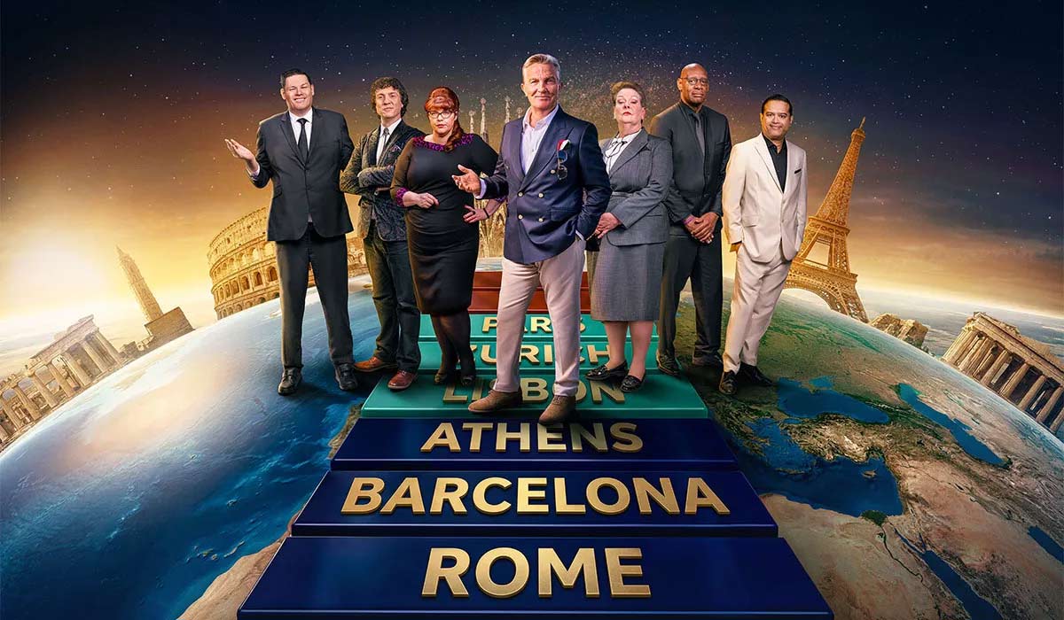 Bradley Walsh, Mark Labbett, Darragh Ennis, Jenny Ryan, Anne Hegarty, Shaun Wallace and Paul Sinha, 'The Chase Around The World' TV Show. Pic: Shutterstock